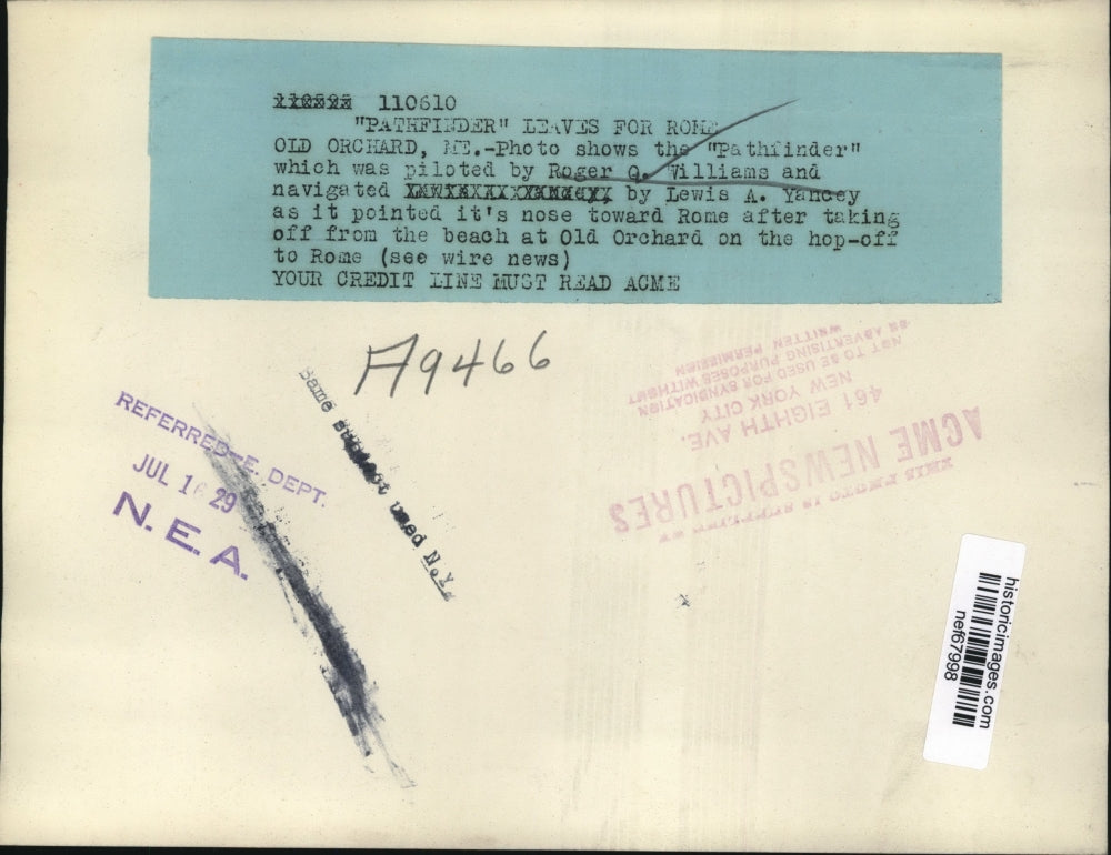 1929 Press Photo The "Pathfinder" Piloted by Roger G Williams Points Toward Rome