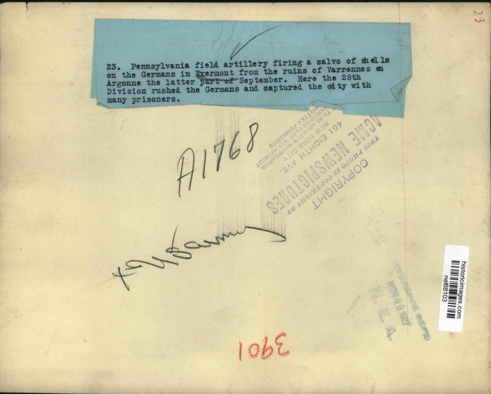 1927 Press U.S Army firing a salvo of shells on the German in Exermont