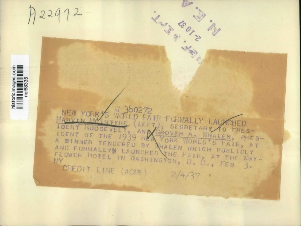 1937 Press Photo Marvin McIntyre, Sec to Pres.Roosevelt and Grover A.Whalen