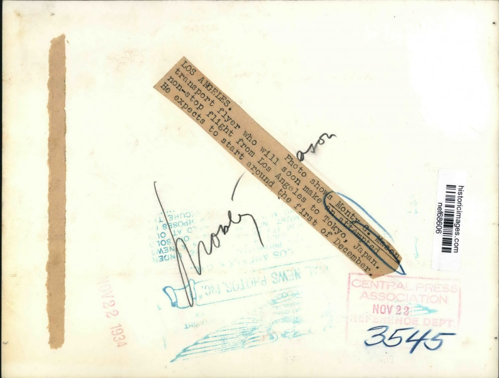 1934 Press Photo Monty G. Mason, Transport Flyer flight Los Angeles to Tokyo
