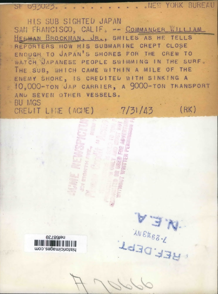 1943 Press Photo Cmdr.William Herman Brockman Jr. command the Sub sighted Japan