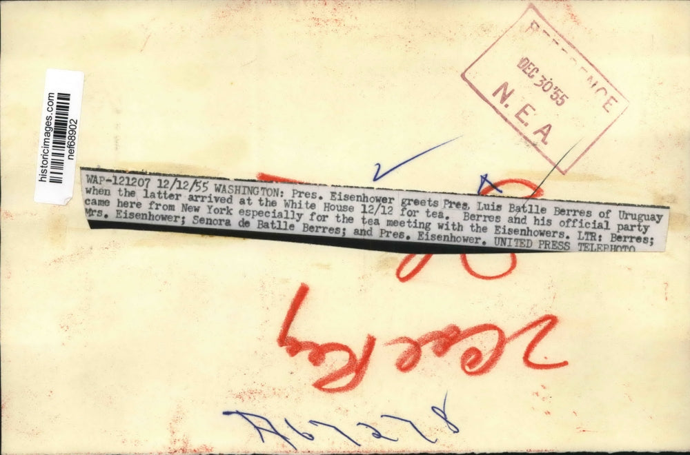 1955 Press Photo Pres. Dwight Eisenhower greets Pres Luis Batlle of Uruguay