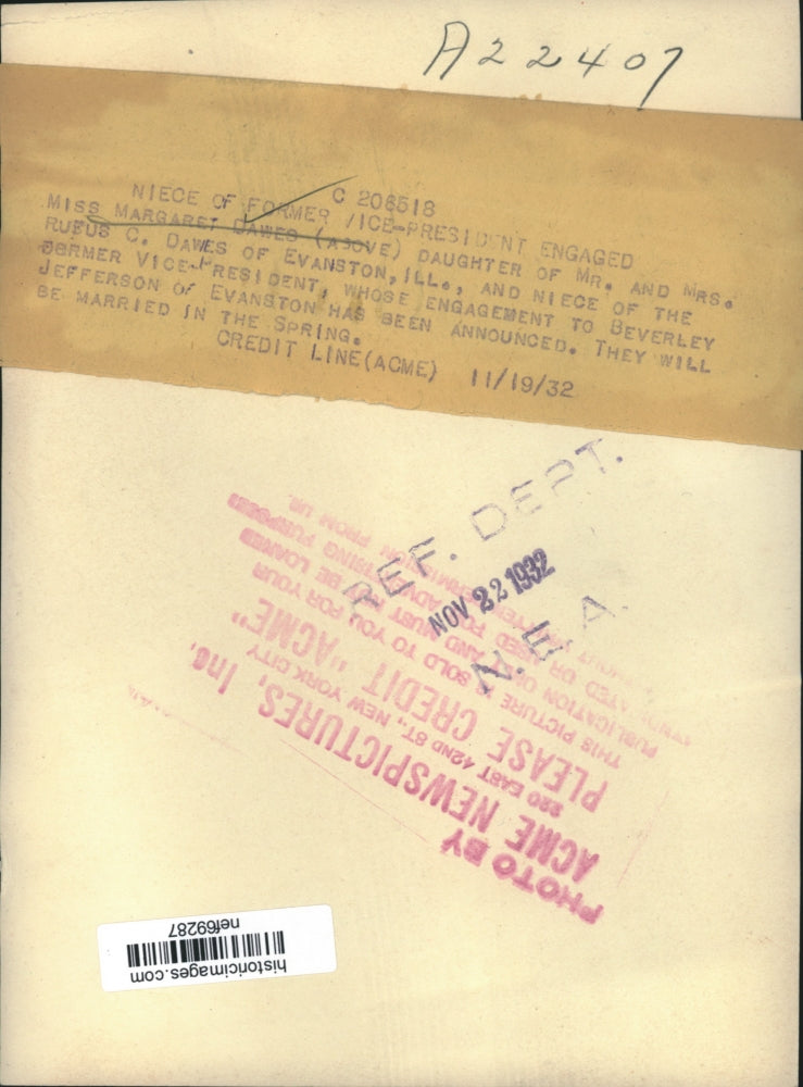 1932 Press Photo Miss Margaret Dawes Engagement To Beverly Jefferson Announced