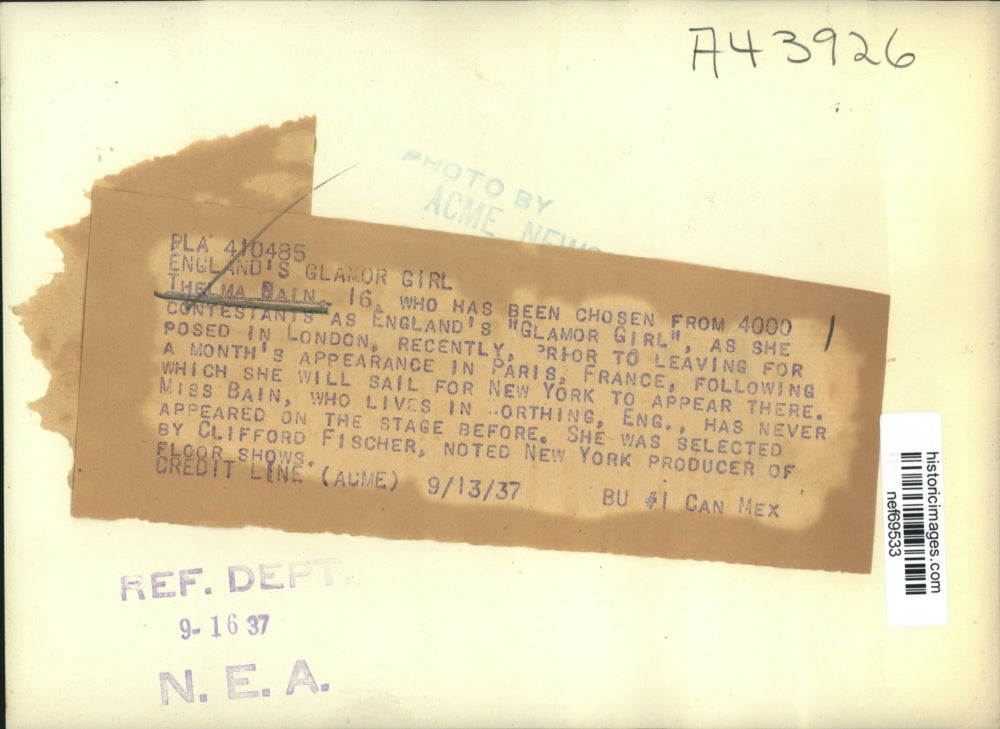 1937 Press Photo Thelma Bain, England's "Glamor Girl" Leaves for Paris, France