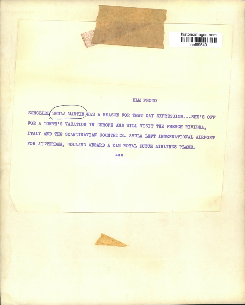 Press Photo Shula Martin Leaves on KLM Royal Dutch Airlines for Europe