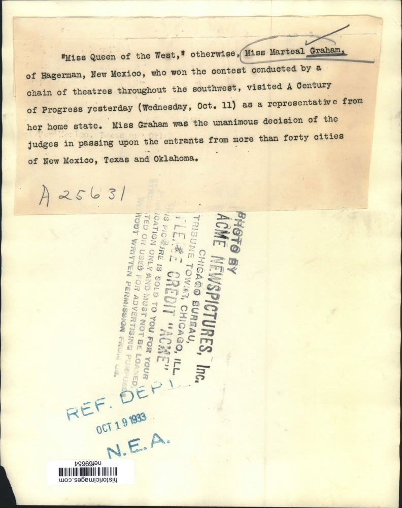 1933 Press Photo Marteal Graham, Miss Queen of the West, Represents Home State