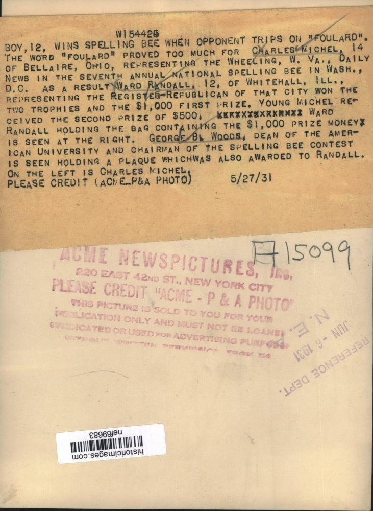 Load image into Gallery viewer, 1931 Press Photo Ward Randall of IL Wins Bee &amp; Charles Michel of WV Comes in 2nd
