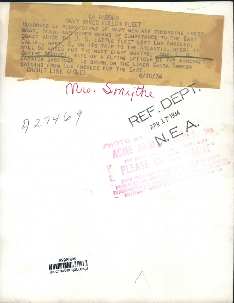 1934 Press Photo Mrs. L. W. Smythe on Liner Santa Teresa traveling East from L A