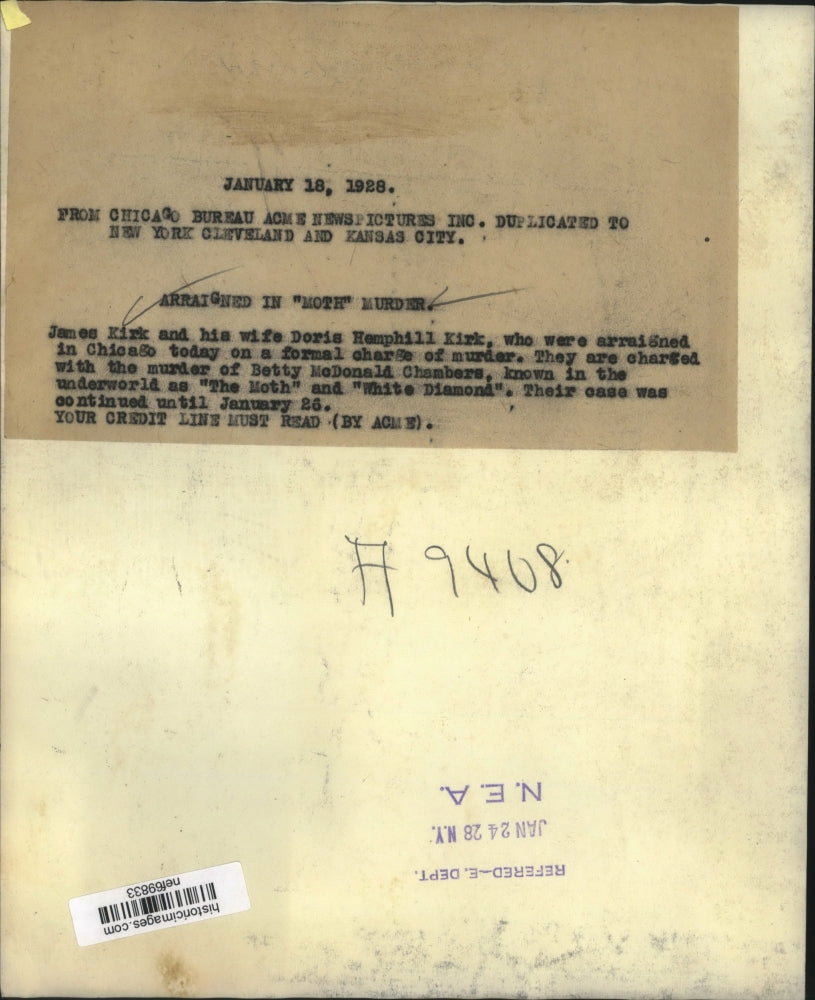 1928 Press Photo James and Doris Kirk Arraigned in "Moth" Murder in Chicago