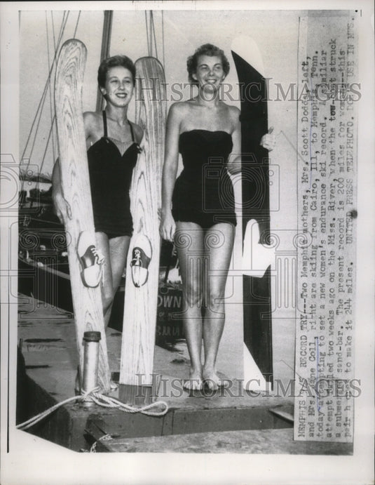 1955 Press Photo Mrs Scott Dodds, Mrs Jane Coll Attempt New Endurance Ski Record