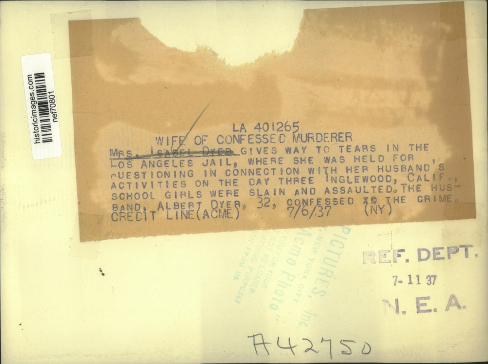 1937 Press Photo Mrs Isabel Dyer held for questioning for husband's slaying of 3