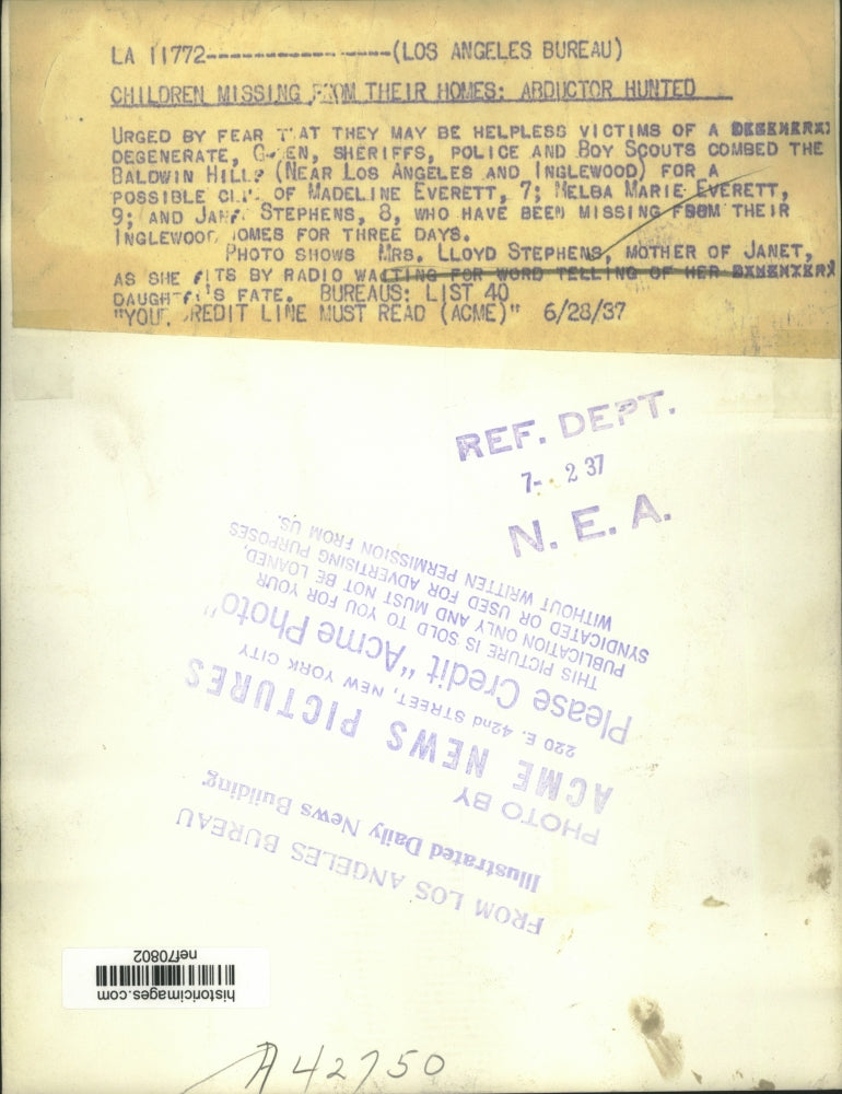 1937 Press Photo Mrs Lloyd Stephens mother of abducted children - nef70802