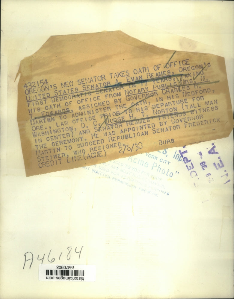 1938 Press Photo A. Evan Reames takes oath of office as United States Senator