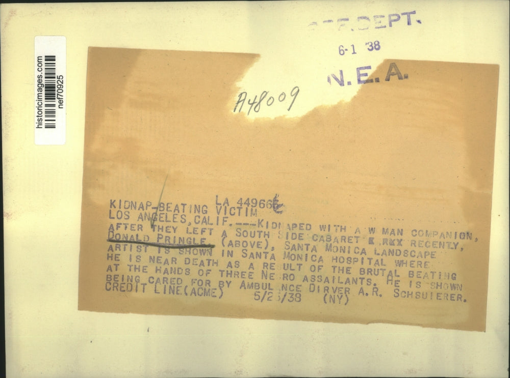 1938 Press Photo Donald Pringle shown in hospital after beating in Los Angeles