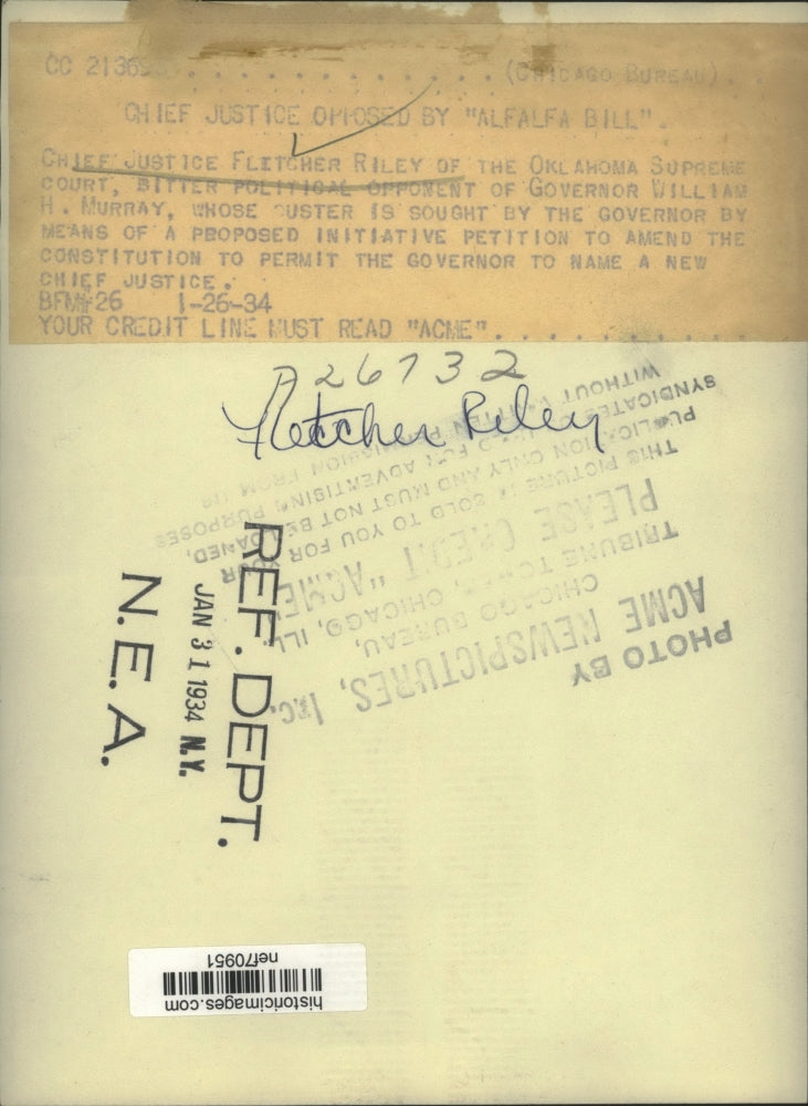 1934 Press Photo Chief Justice Fletcher Riley opposed by Governor William Murray