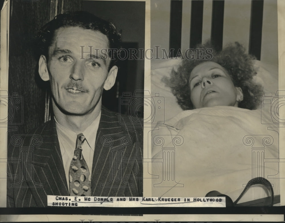 1938 Press Photo Chas. E. McDonald and Mrs. Karl Krueger in a Hollywood shooting