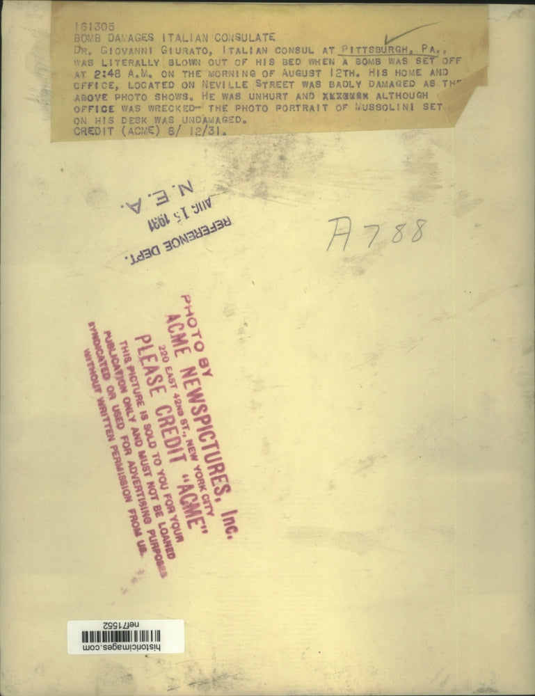 1931 Press Photo Dr. Giovanni Giurato's home badly damaged after bomb explosion