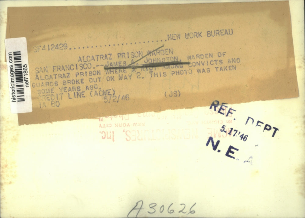 1946 Press Photo James Johnston heads the Alcatraz Prison where riot broke out