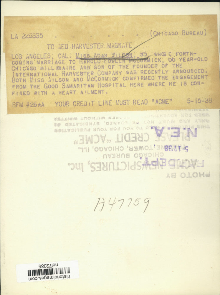 1938 Press Photo Los Angeles California-Adah Wilson to marry Harold McCormick