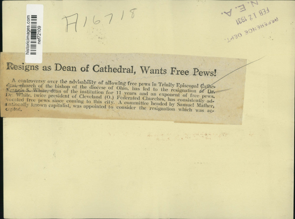 1931 Press Photo Dr. Francis S. White Dean of Trinity Episcopal Cathedral