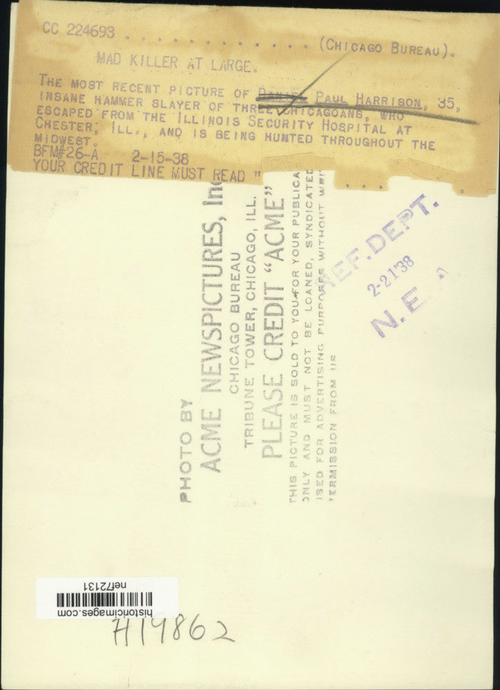 Load image into Gallery viewer, 1938 Press Photo Daniel Harrison, hammer slayer escaped from Security Hospital
