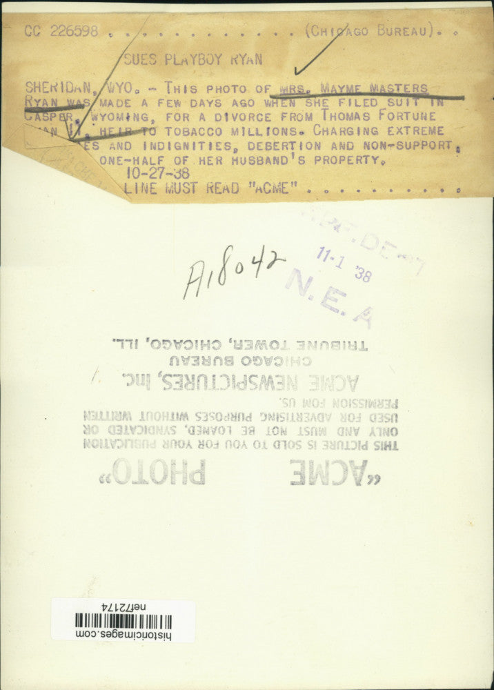 1938 Press Photo Mrs Mayme Masters Ryan Files Suit in Casper, Wyoming