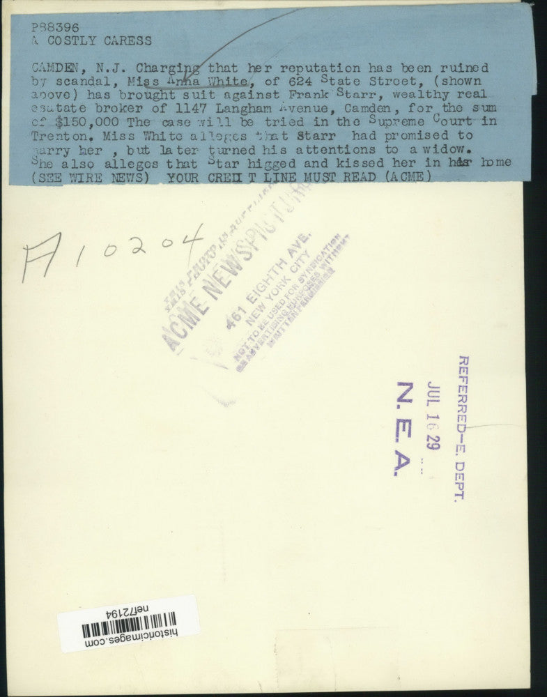 1929 Press Photo Miss Anna White Brings Suit Against Broker in Camden, NJ