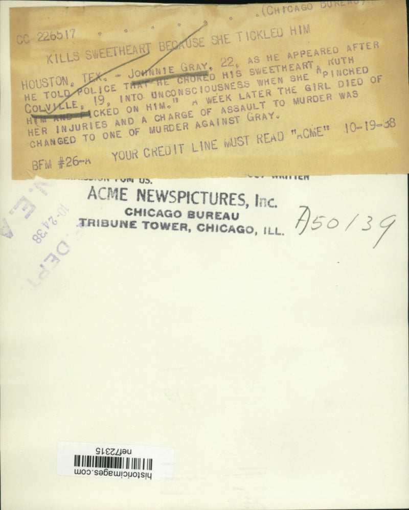 Load image into Gallery viewer, 1938 Press Photo Johnnie Gray charged with Ruth Colville's murder in Houston
