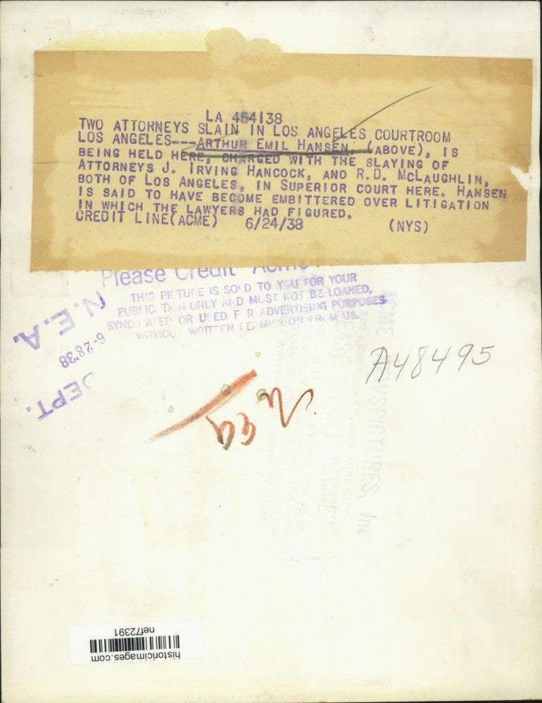 1938 Press Photo Arthur Hansen being held in Los Angeles for attorney killings