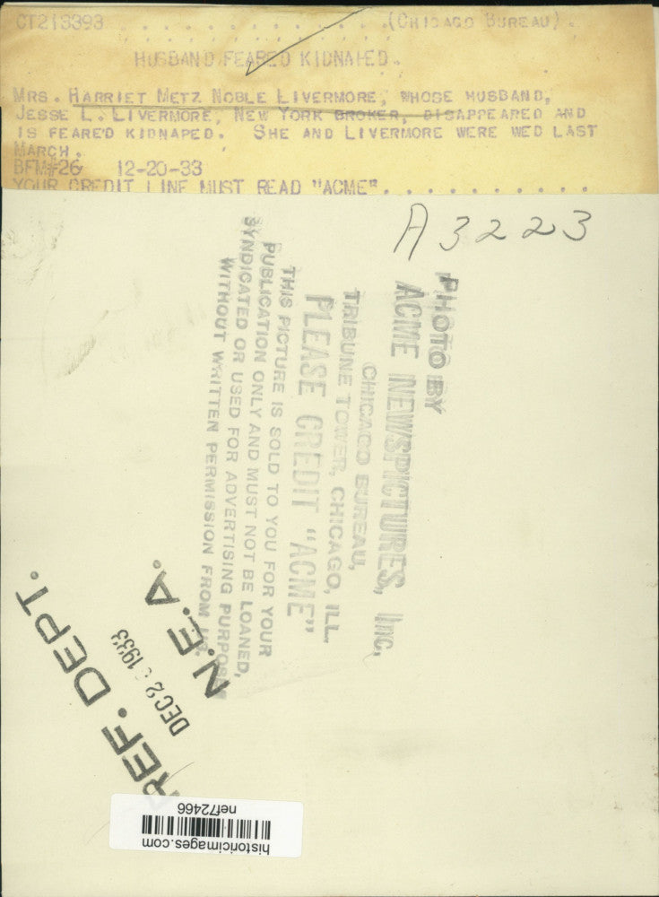 Load image into Gallery viewer, 1933 Press Photo Mrs. Harriet Livermore, wife of the kidnapped Jesse Livermore
