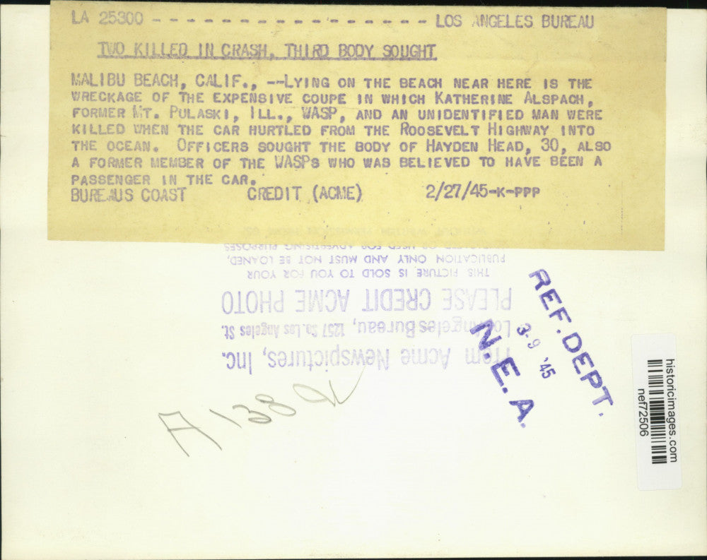 1945 Press Photo Man Looks Over Wreckage Which Hurled Into Ocean in Malibu Beach