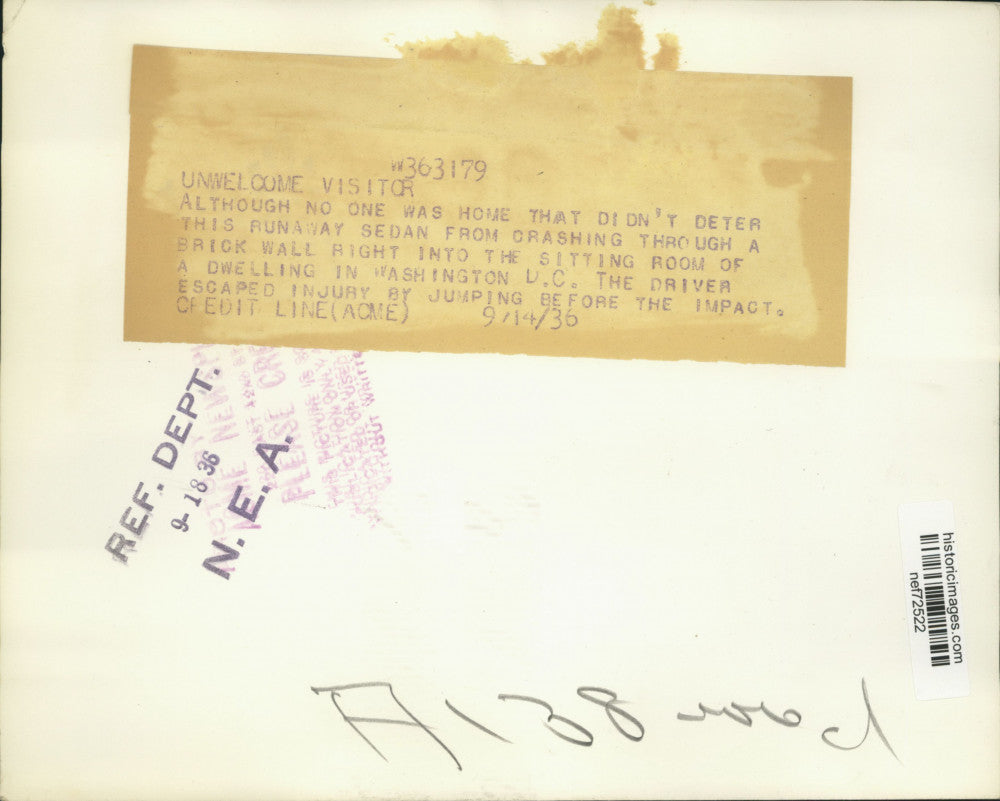 1936 Press Photo View of Wreckage of Auto That Crashed Through Dwelling in D.C.