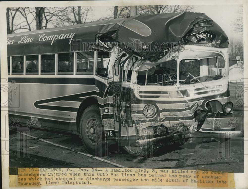 1949 Press Photo Wreckage of Bus After Ramming Rear of Another in Hamilton, OH