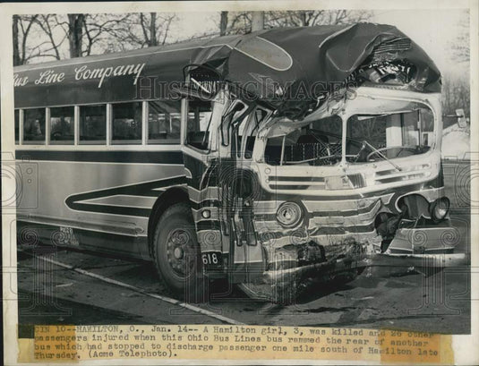 1949 Press Photo Wreckage of Bus After Ramming Rear of Another in Hamilton, OH