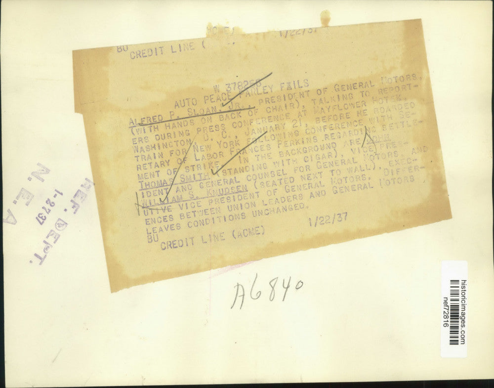 1937 Press Photo Alfred P. Sloan, Jr. at a press conference in Washington, D.C.