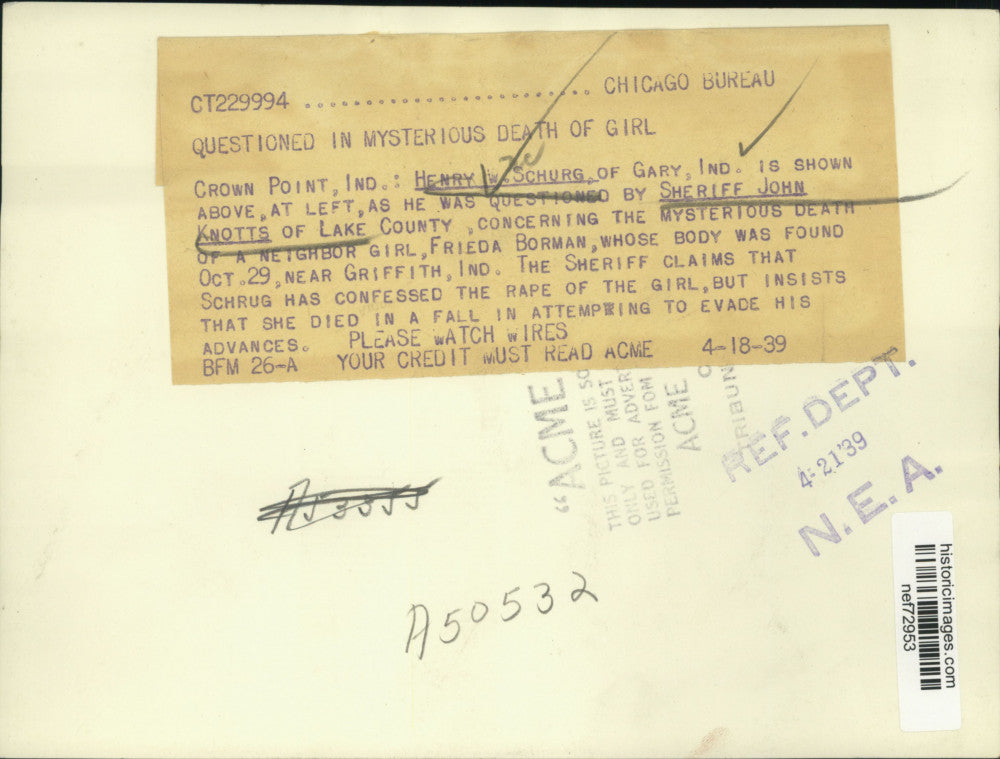 1939 Press Photo Indiana-Sheriff John Knotts questions Henry Schurg for murder