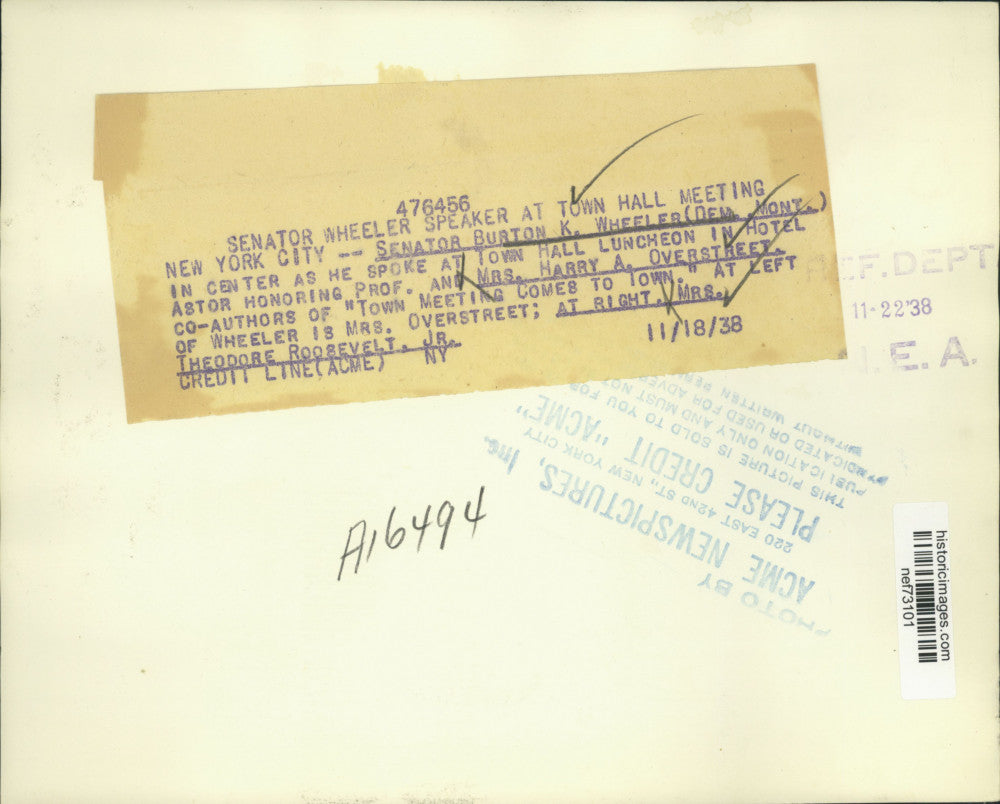 1938 Press Photo Sen. Wheeler speaks at the Town Hall luncheon in New York City