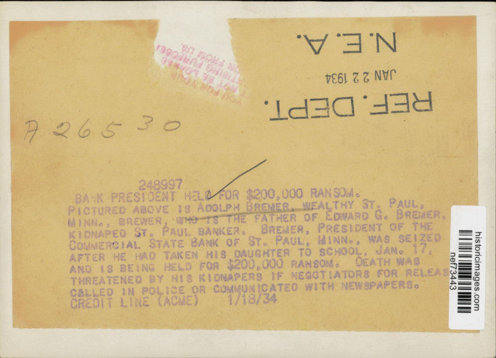 1934 Press Photo Adolph Bremer, St. Paul MN brewer, father of kidnapped banker