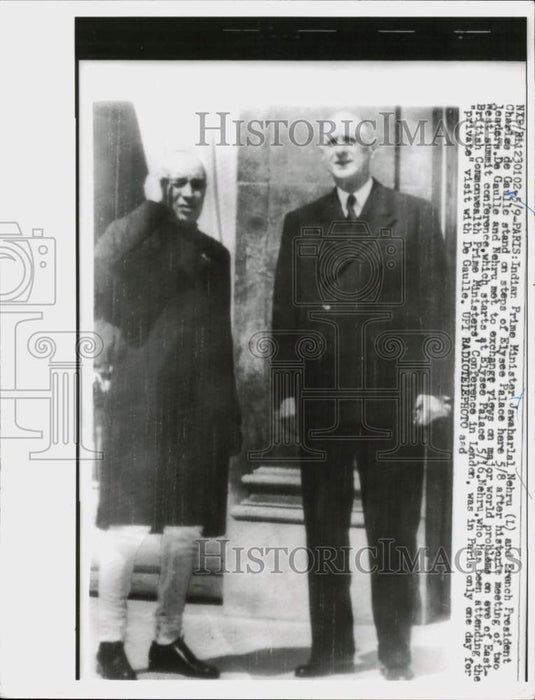 1960 Press Photo Jawaharlal Nahru and Charles de Gaulle at Elysee Palace, Paris