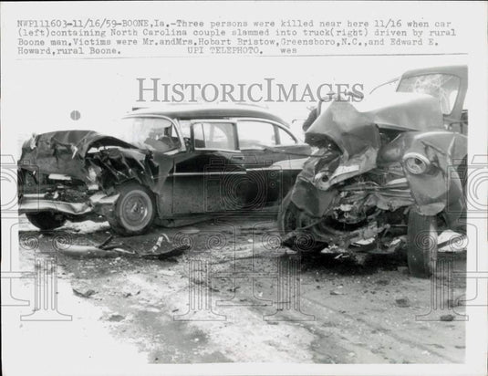 1959 Press Photo Wreckage of vehicles from fatal collision in Boone, Iowa