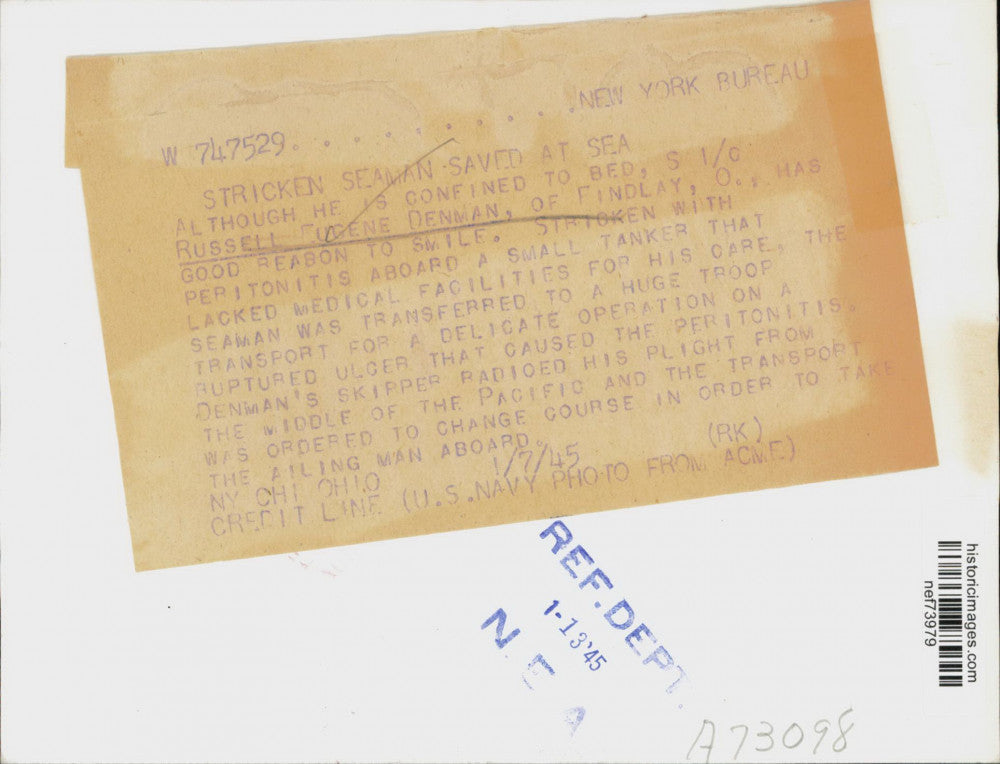 1945 Press Photo American seaman Russell Denman is treated for illness at sea