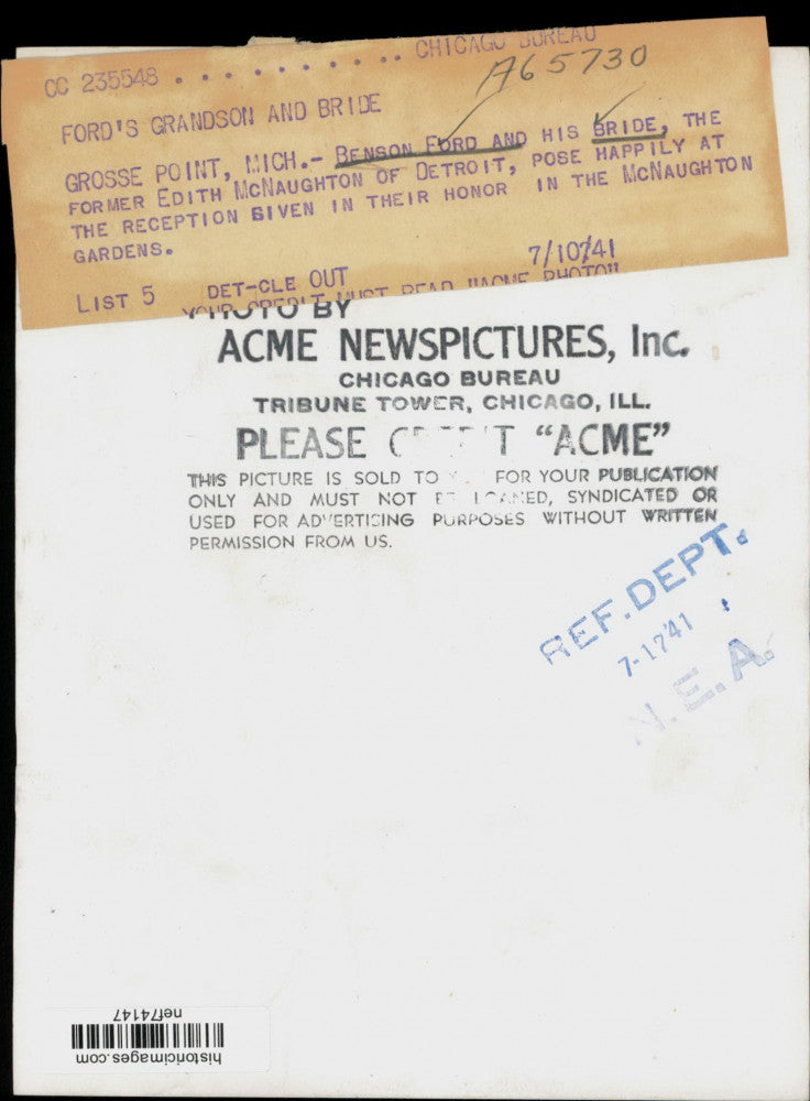 1941 Press Photo Benson Ford and bride Edith McNaughton wed at Grosse Point MI