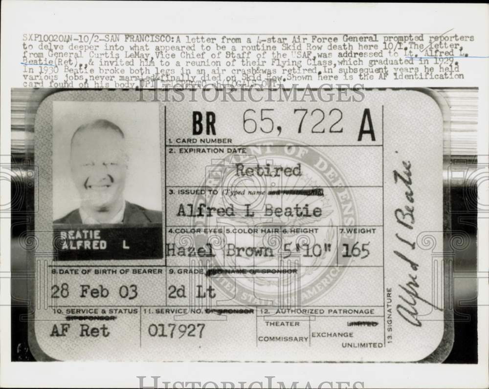 1955 Press Photo Identification card of Alfred L. Beatie, USAF, retired, CA