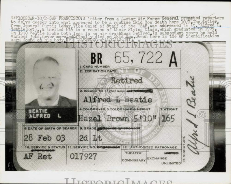 Load image into Gallery viewer, 1955 Press Photo Identification card of Alfred L. Beatie, USAF, retired, CA
