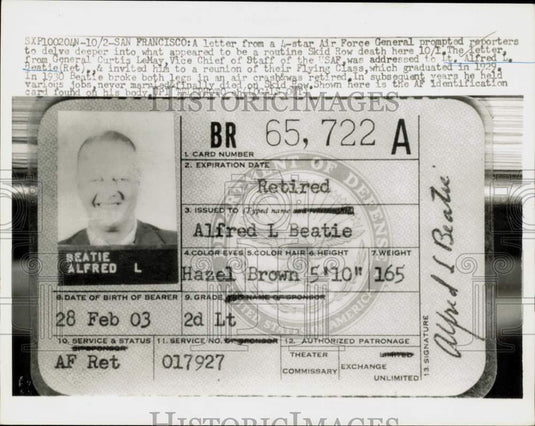 1955 Press Photo Identification card of Alfred L. Beatie, USAF, retired, CA
