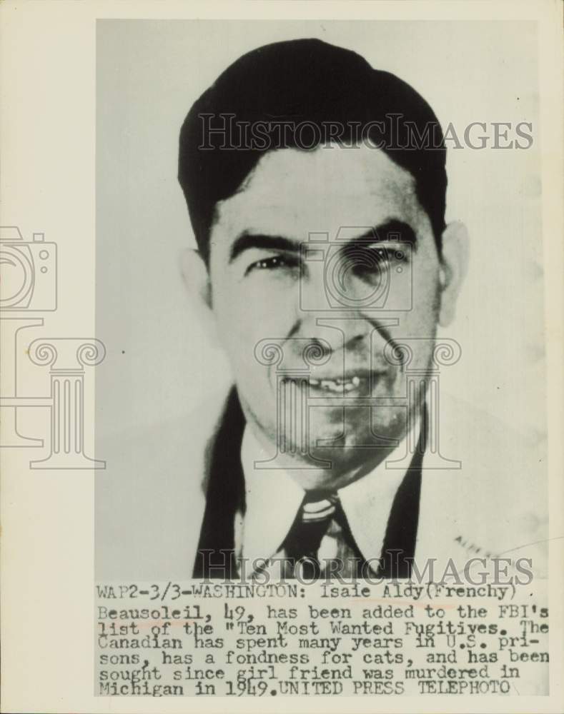 1952 Press Photo Isail Aldy Beausoleil, on FBI's "ten most wanted list," D.C.- Historic Images