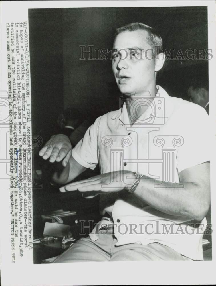 1956 Press Photo Eugene F. Sieler testifies in double plane crash hearing, DC- Historic Images