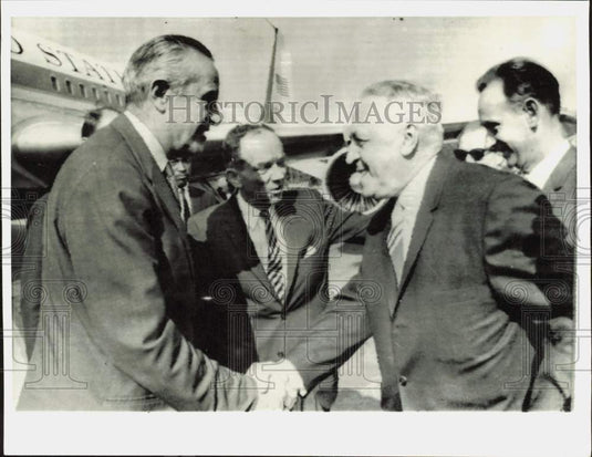 1963 Press Photo W. Averell Harriman greets Valerian Zorin at Moscow Airport- Historic Images