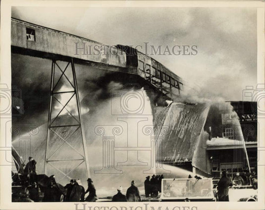 1943 Press Photo Firemen fighting blaze at Ville Emard Plant in Montreal, Canada- Historic Images