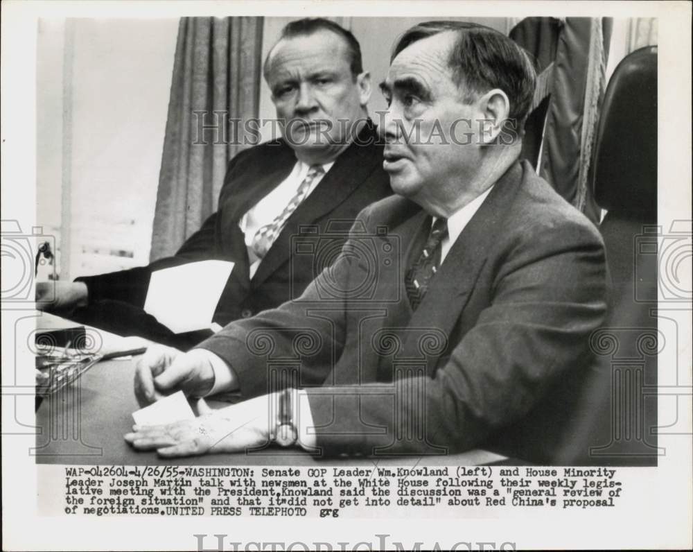 1955 Press Photo GOP leaders William Knowland, Joseph Martin talk with press, DC- Historic Images